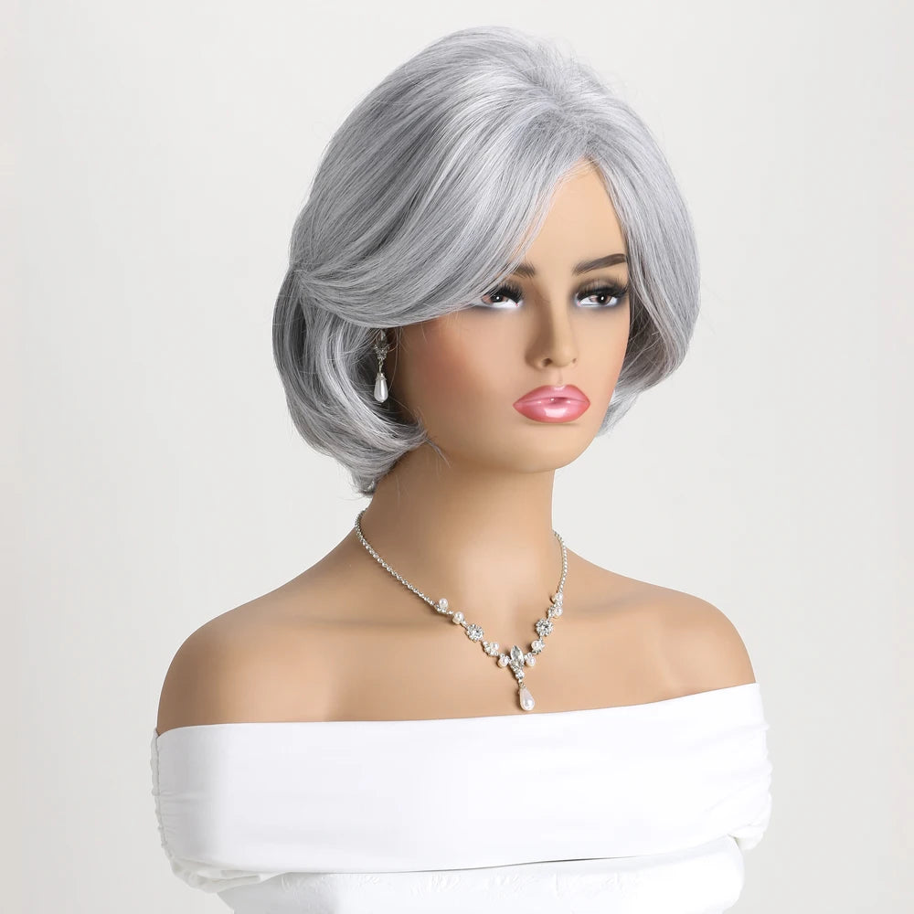 Short Natural Wigs with Bangs Soft Mommy Hair Daily Use Short  Grey Ombre Curly Synthetic Hair Costume Party Wig for Women