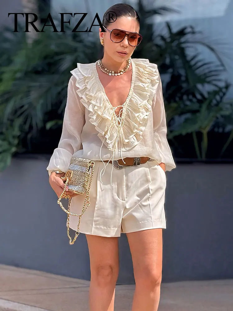 TRAFZA Elegant Women's Tierred Ruffles Blouses V-Neck Long Sleeve Loose Shirt Lady 2025 Spring Chic Lace-up Wild Woman Solid Top