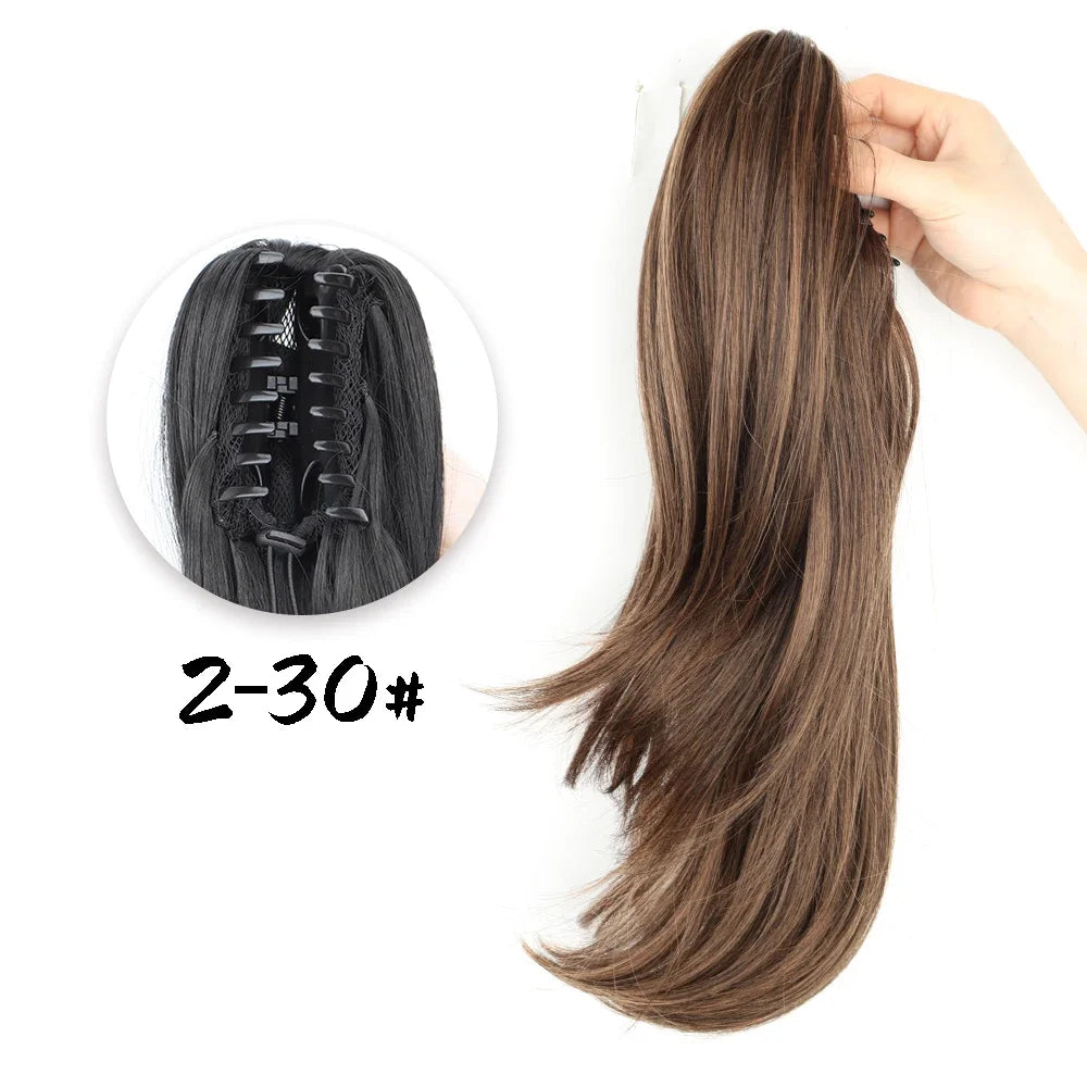 Synthetic Claw Clip Ponytail 18Inch Long Wavy Black Brown Heat Resistant Type Layered Horse Tail  Hair Extension