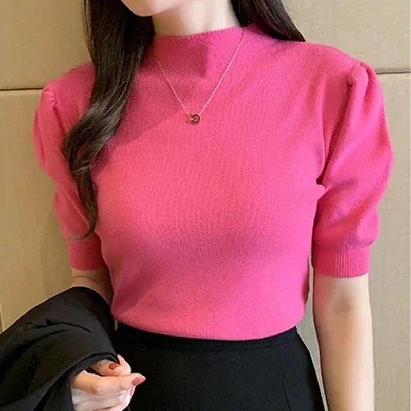 Spring Summer Half Turtleneck Knitted Shirt Casual Fashion Elegant Simple Tops Slim Fit Solid Pleated Puff Short Sleeve Blouse