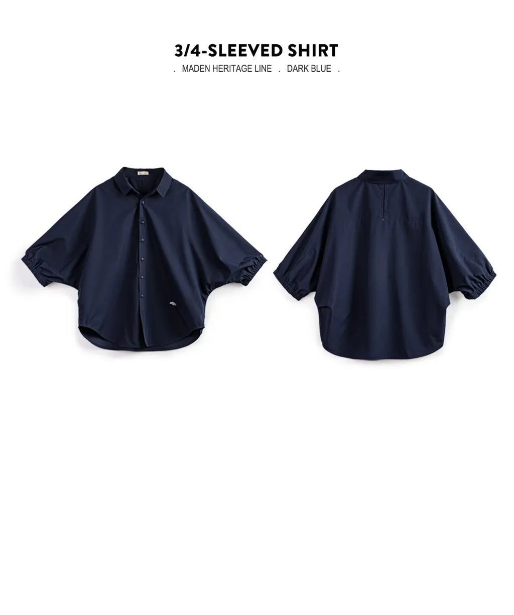 Maden 3/4-sleeved Shirt for Women Loose Blouse Batwing Sleeve Casual Breathable Stand Collar Tops Spring and Summer Blue Shirt