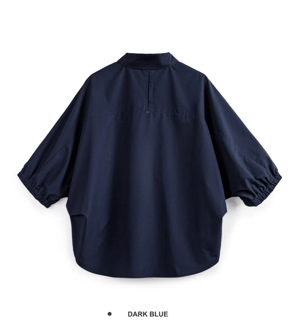 Maden 3/4-sleeved Shirt for Women Loose Blouse Batwing Sleeve Casual Breathable Stand Collar Tops Spring and Summer Blue Shirt