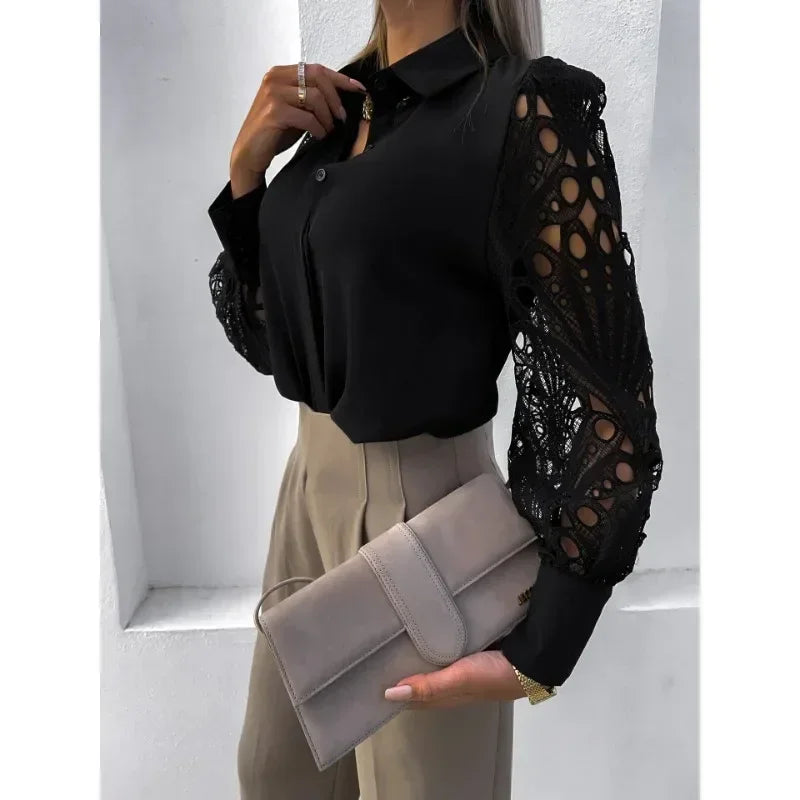 New Fashion Women's Commuter Casual Shirt Elegant Solid Color Lace Spliced Shirt Fashion Flip Collar Button Long Sleeved Shirt