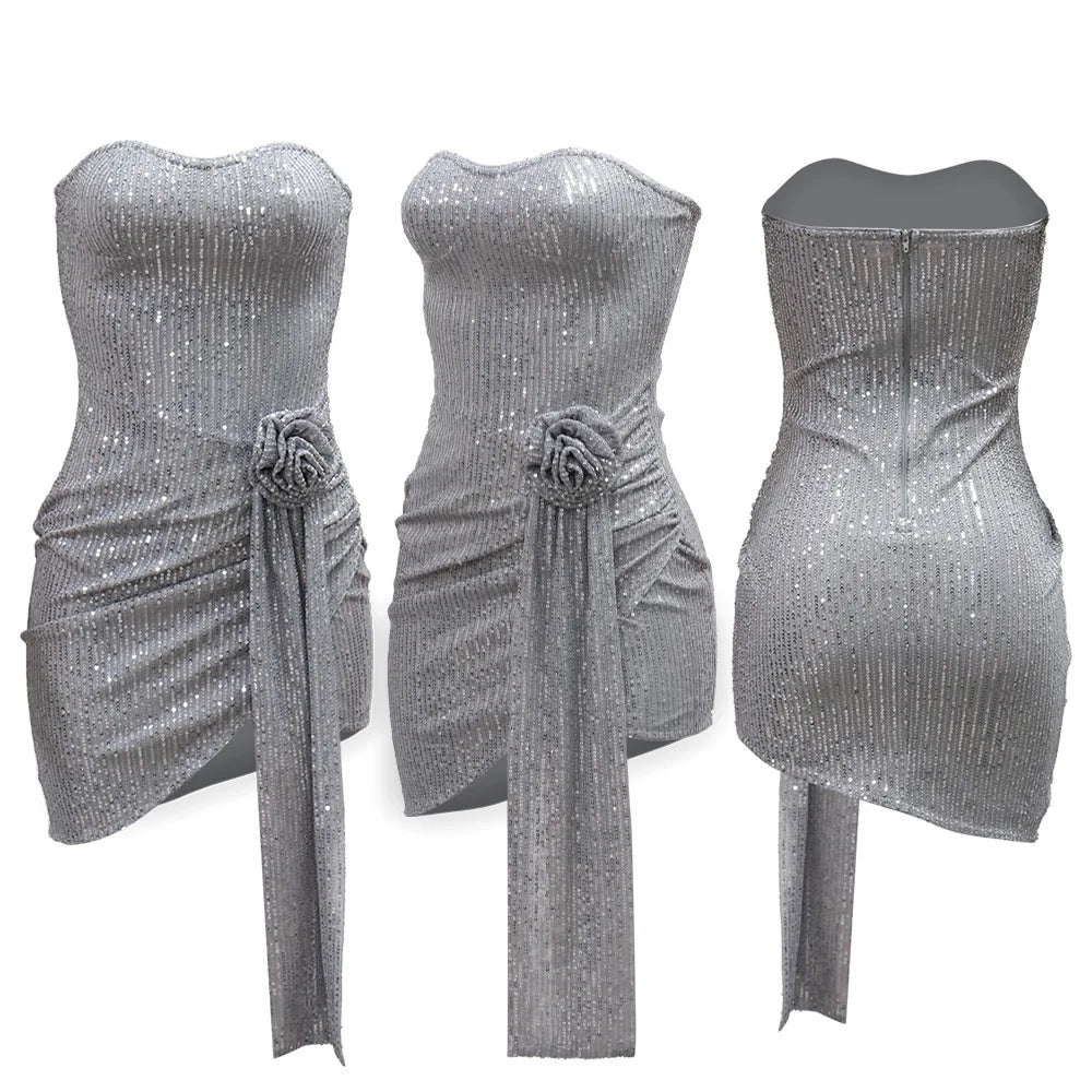 Strapless Sexy Sequin Dress Women Party Dresses Sleeveless Bodycon Vestidos Slim Night Club High Waist Knee Length Patchwork