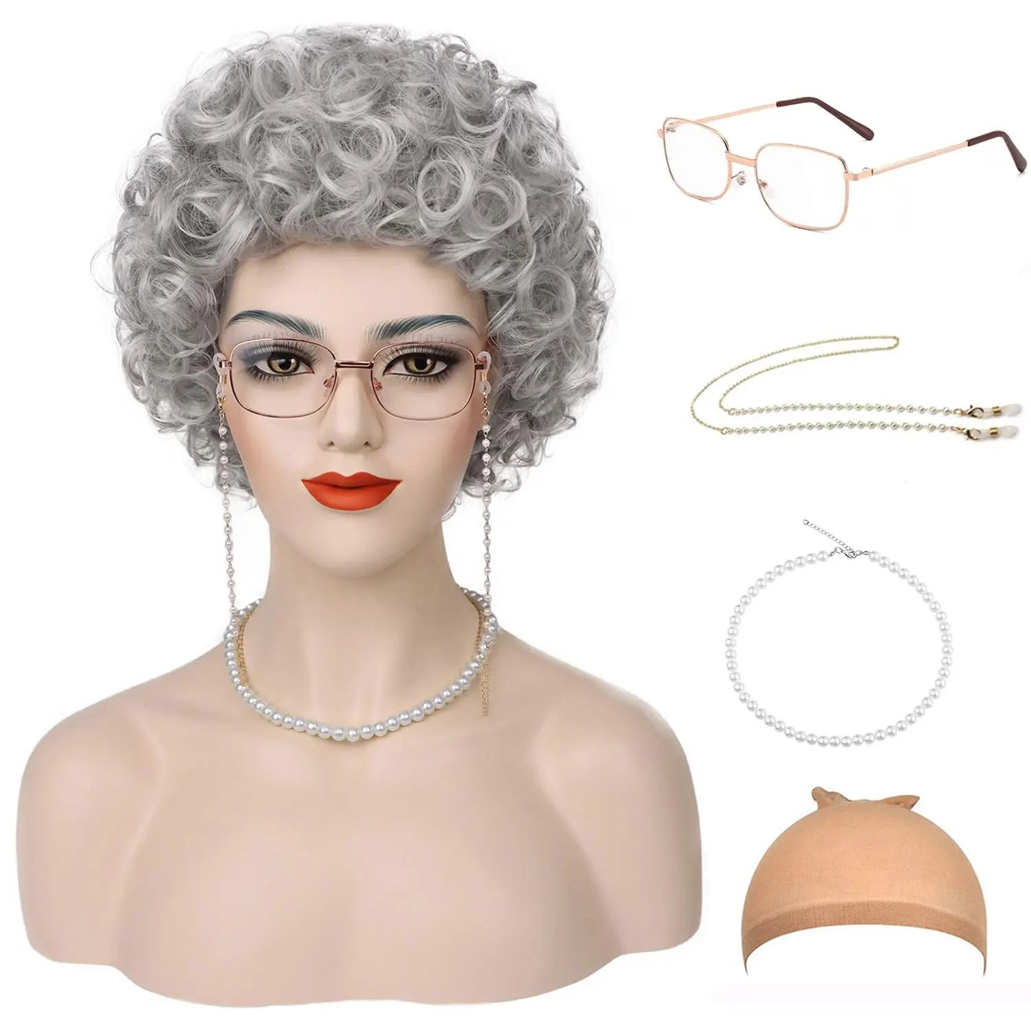 Synthetic Old Lady Wig Costume Set for Women Short Curly Grandma Wig and Glasses Silver White Granny Wig Cosplay Halloween Party