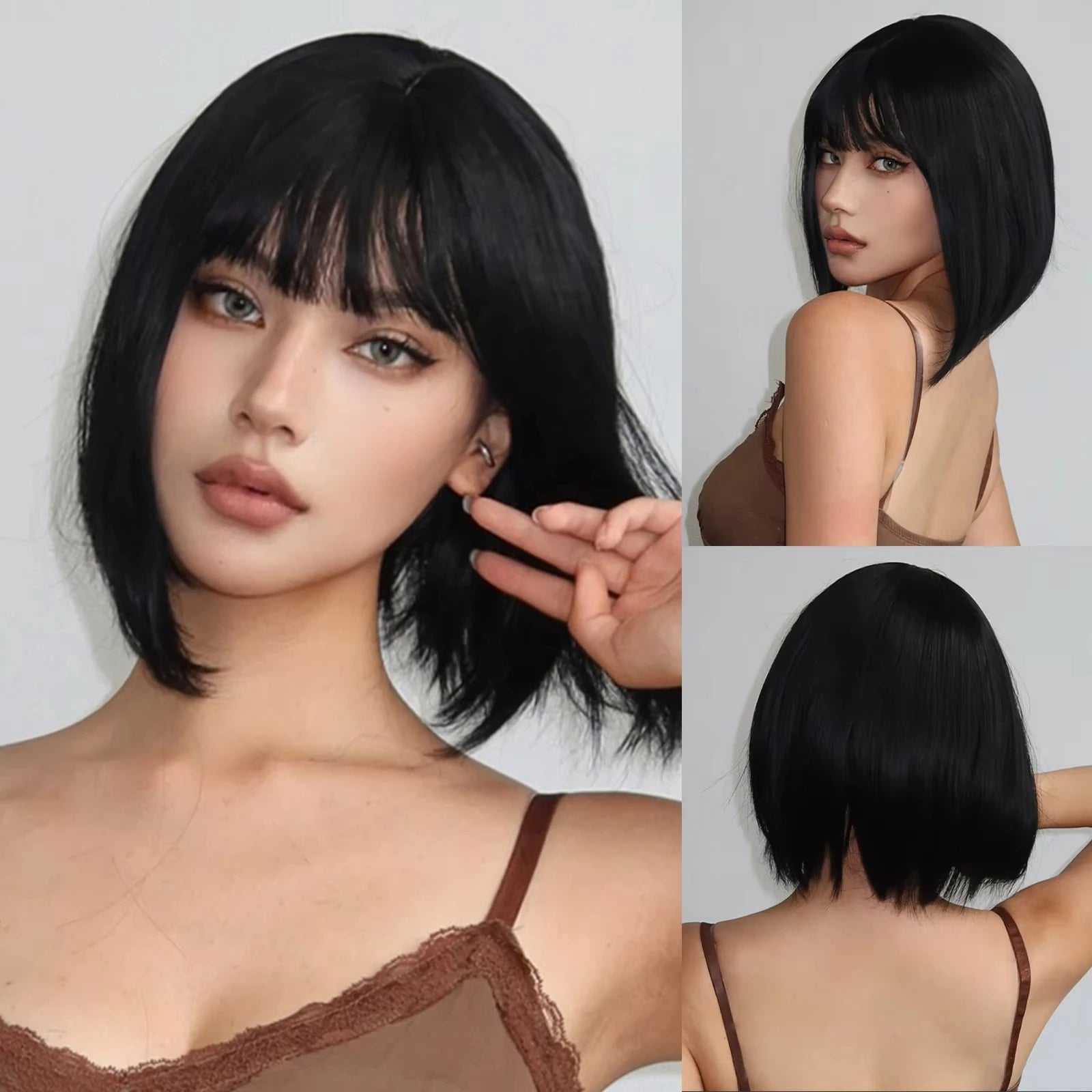 Short Straight Bob Black synthetic wig with fringe Ladies High temperature silk wig Christmas party Cosplay daily wear wig