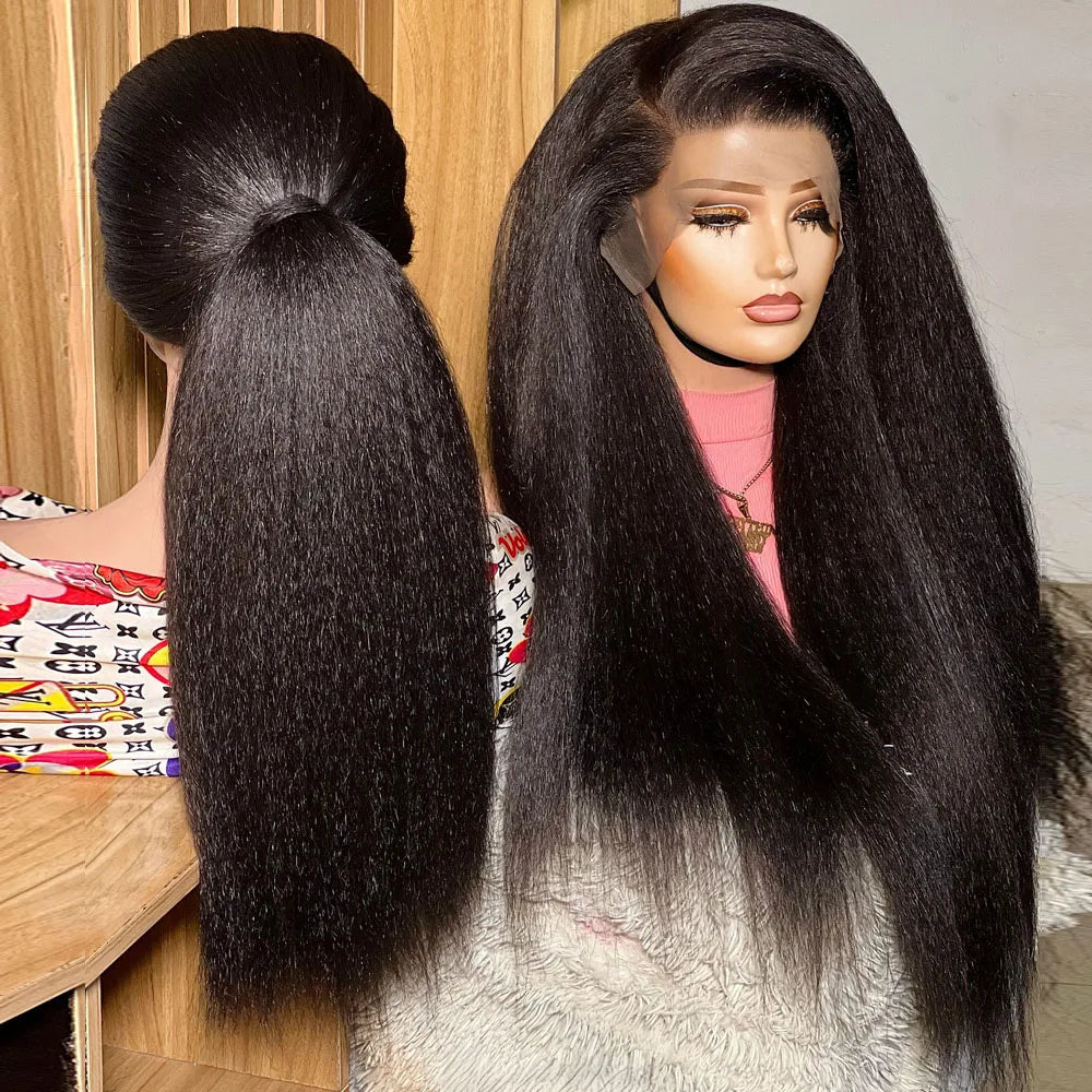 Yaki Straight Invisible Strap Drawstring Snug Fit 360 full lace Glueless Wig Kinky Straight Human Hair 30 Inch Lace Front Wig
