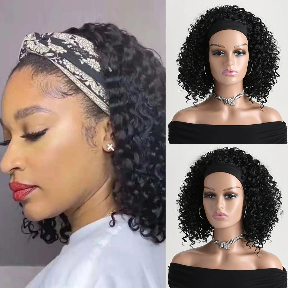 Short Straight Headband Synthetic Natural  Kinky Curly Black  Wigs for Black Women Daily Party Use Heat Resistant Fake Hair ﻿