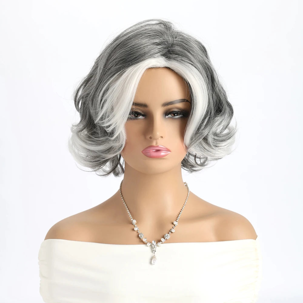 Short Natural Wigs with Bangs Soft Mommy Hair Daily Use Short  Grey Ombre Curly Synthetic Hair Costume Party Wig for Women