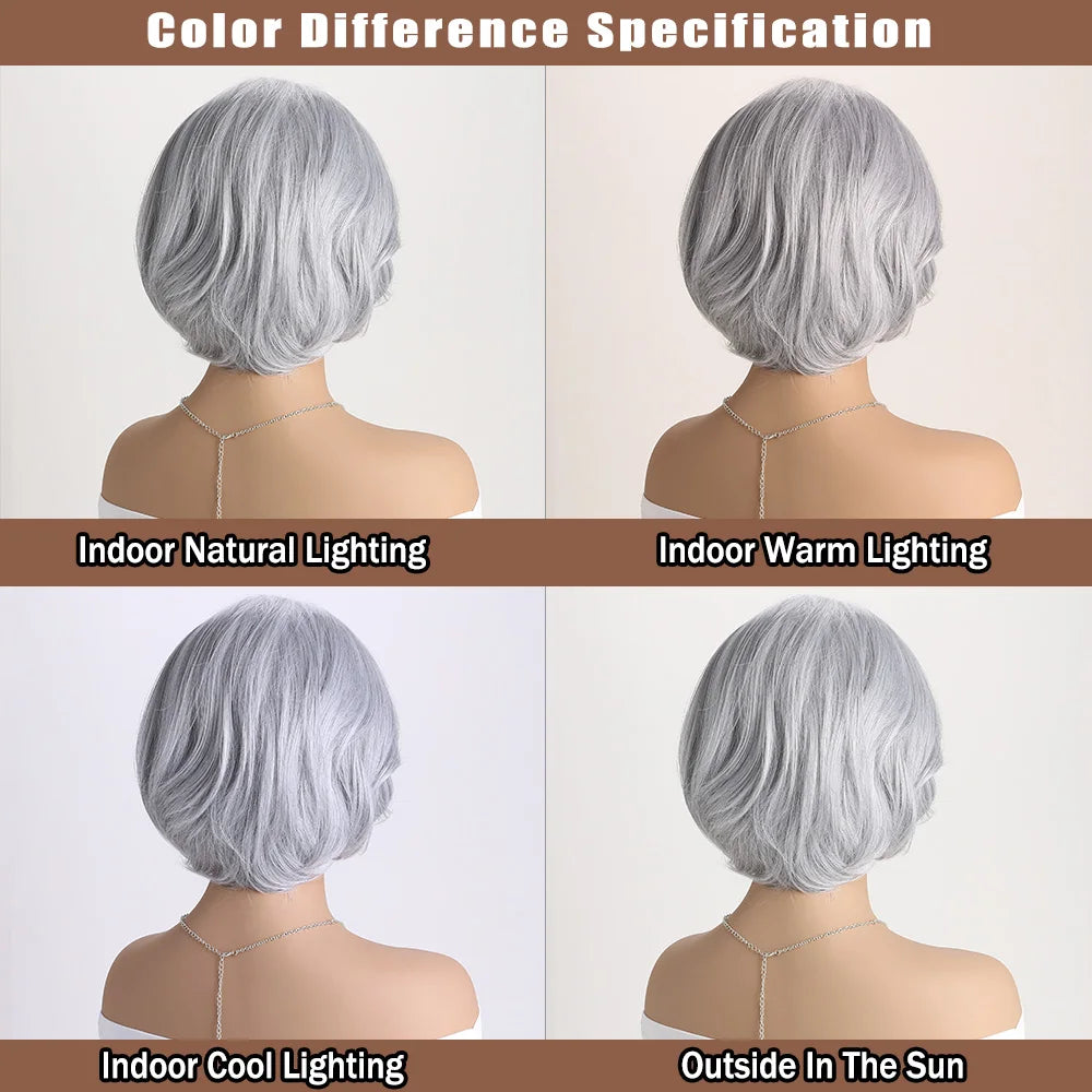 Short Natural Wigs with Bangs Soft Mommy Hair Daily Use Short  Grey Ombre Curly Synthetic Hair Costume Party Wig for Women