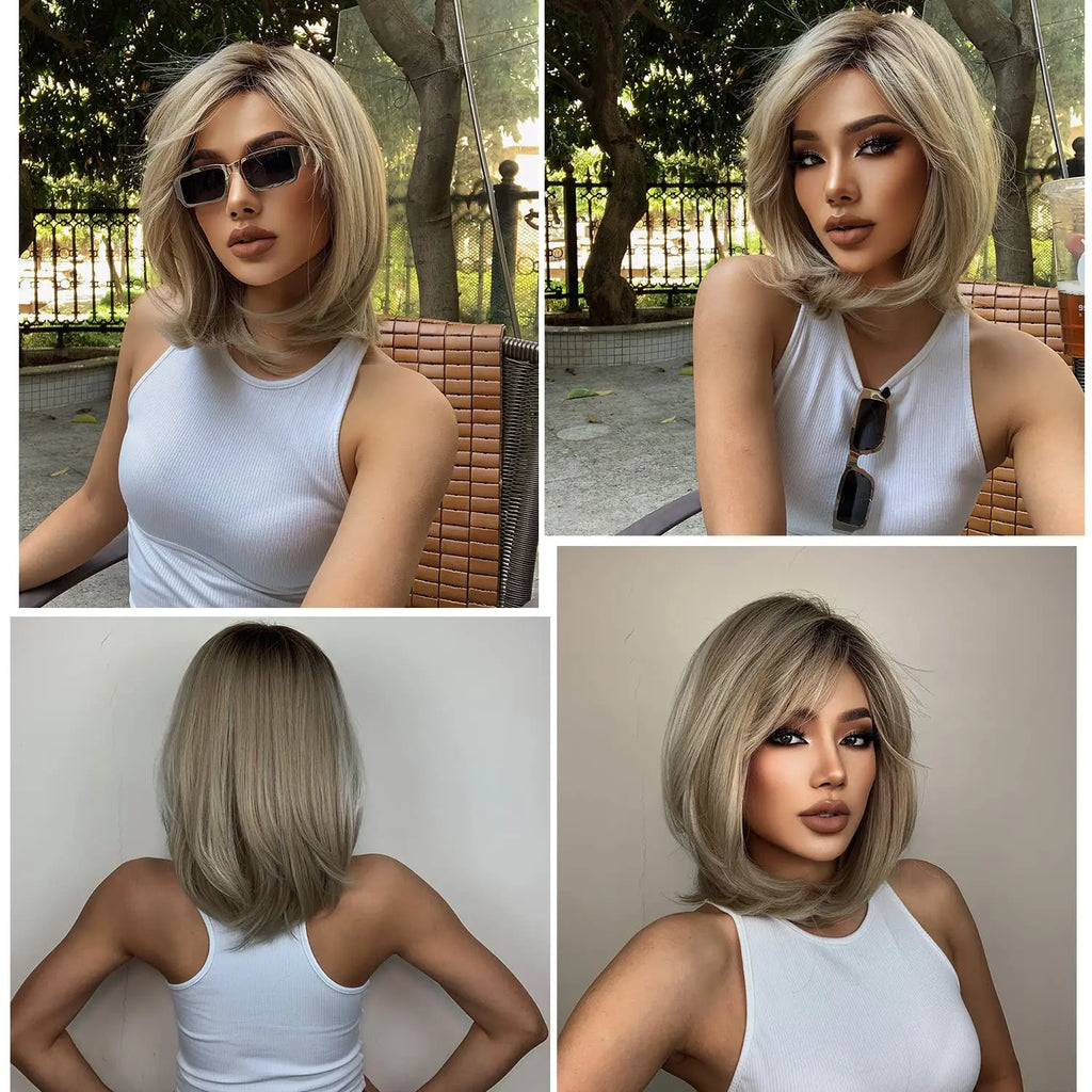 ALAN EATON Layered Synthetic Wigs with Bangs Straight Short Highlights Blonde Hair Wig with for Women Natural Daily Cosplay Wigs