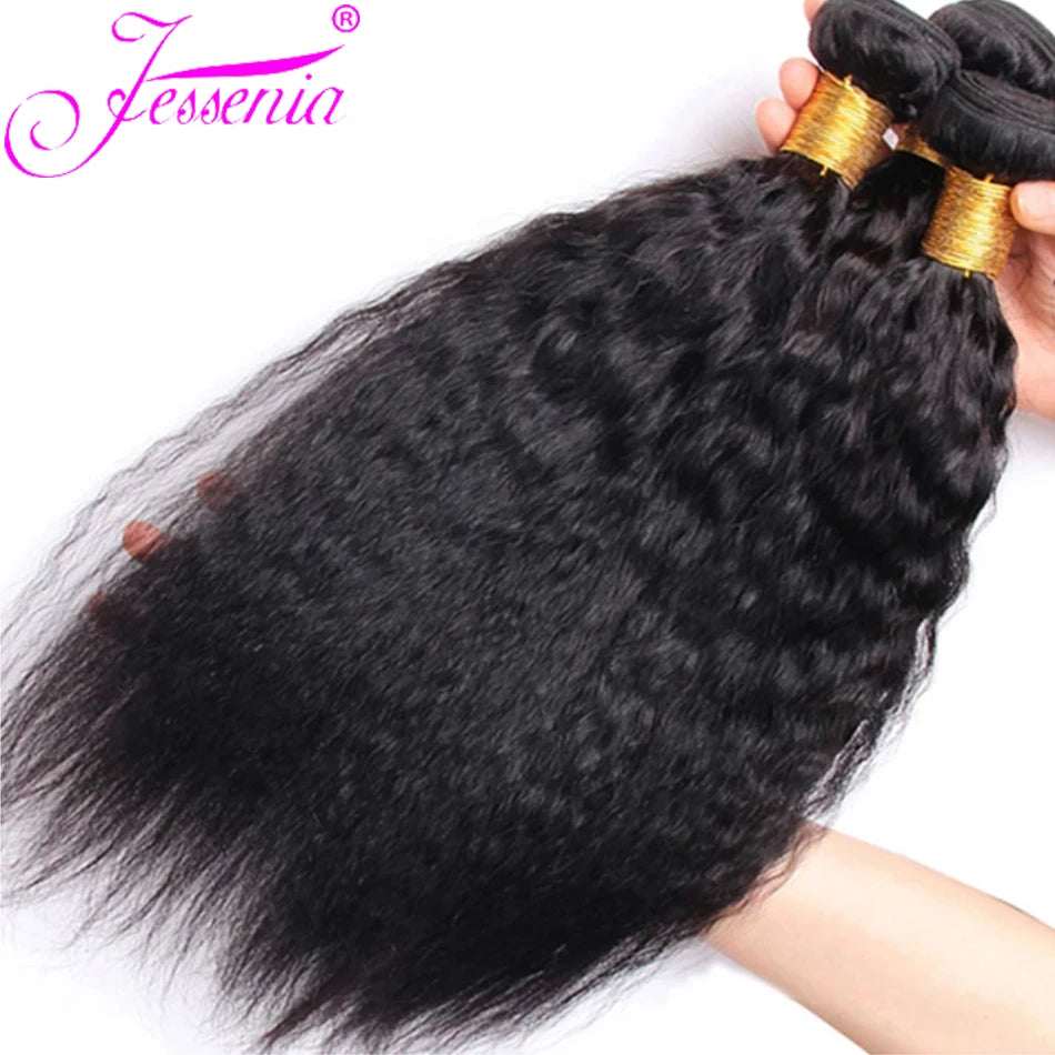 Kinky Straight 100% Raw Human Hair Bundles And Closure 4X4 3Bundles Yaki Straight Hair with HD Transparent Lace Frontal Tissage