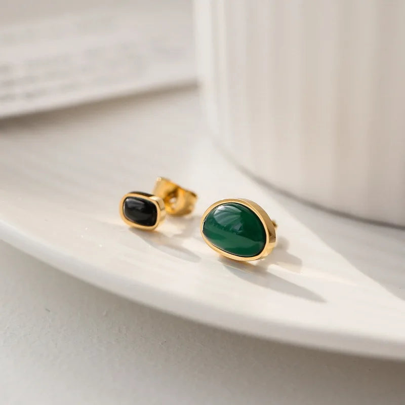 DIEYURO 316L Stainless Steel Green Black Stone Pendant Necklace Earrings For Women Girl New Fashion Waterproof Jewelry Set