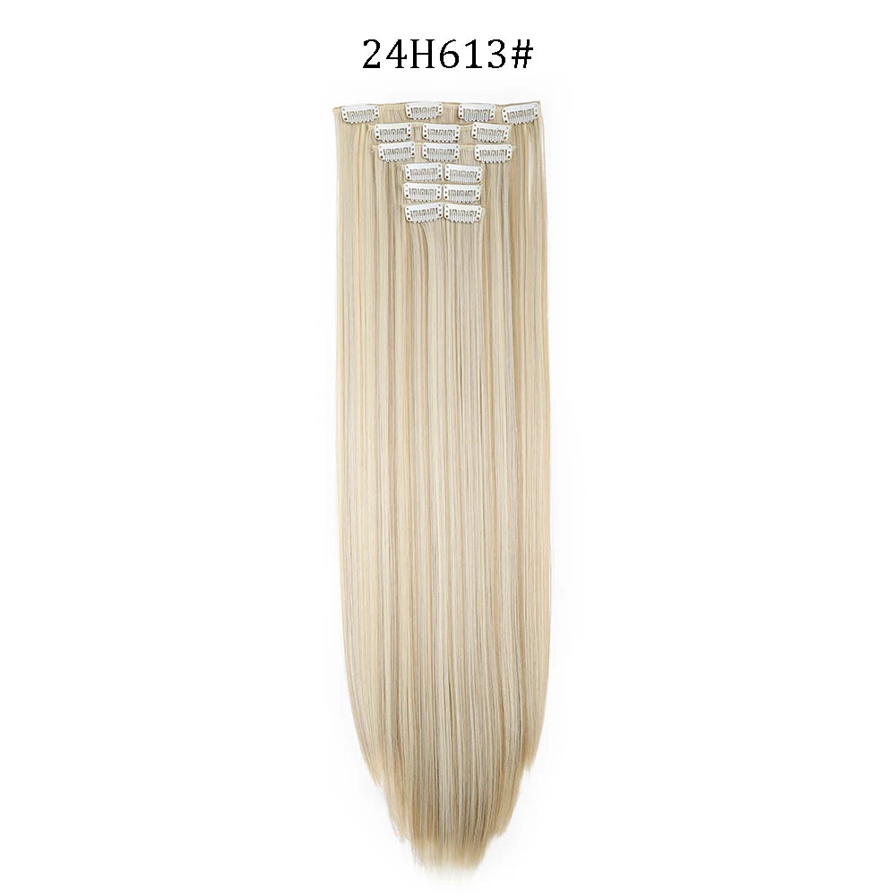 24 inches Synthetic Long Straight Hairstyle 16 Clips 6Pcs/Set Hair Extensions Blonde Black Hairpieces Heat Resistant For Women