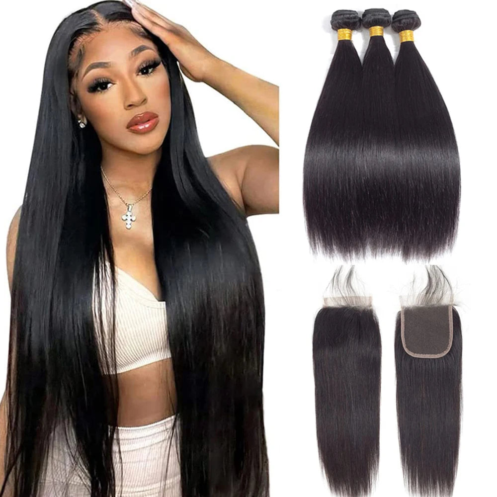 Ombre Bundles With Closure Brazilian Hair Weave Bundles With Closure Brown T4/30 Colored Human Hair Bundles With Closure