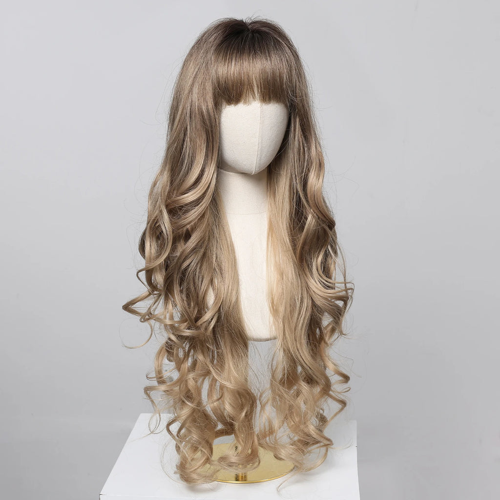 Loose Body Wave Synthetic Wigs Long Brown Blonde Ombre Wig with Bangs Wave Curl Wigs for Black Women Heat Resistant Daily Party