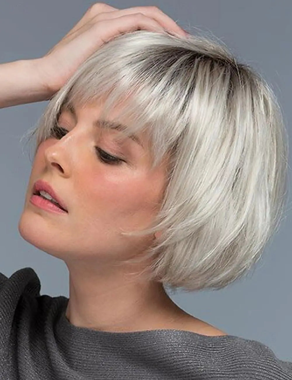 HAIRJOY  Synthetic Hair Short Straight Ombre White Blonde Bob Wigs  with Bangs for White Women