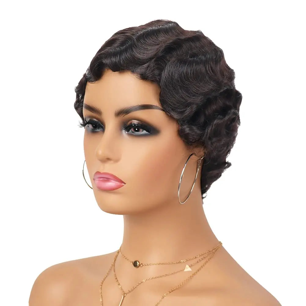 Finger Wave Synthetic Wig Short Mommy Hair Curly Wigs for Black Women Lady Nuna Wig 1920s Cosplay Costume Halloween Party