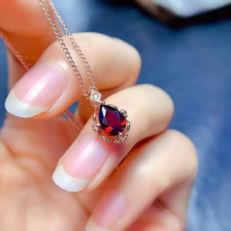 Genuine 925 silver garnet pendant 6mm*8mm naturtal garnet necklace pendant with 45cm 925 silver necklace gift for women