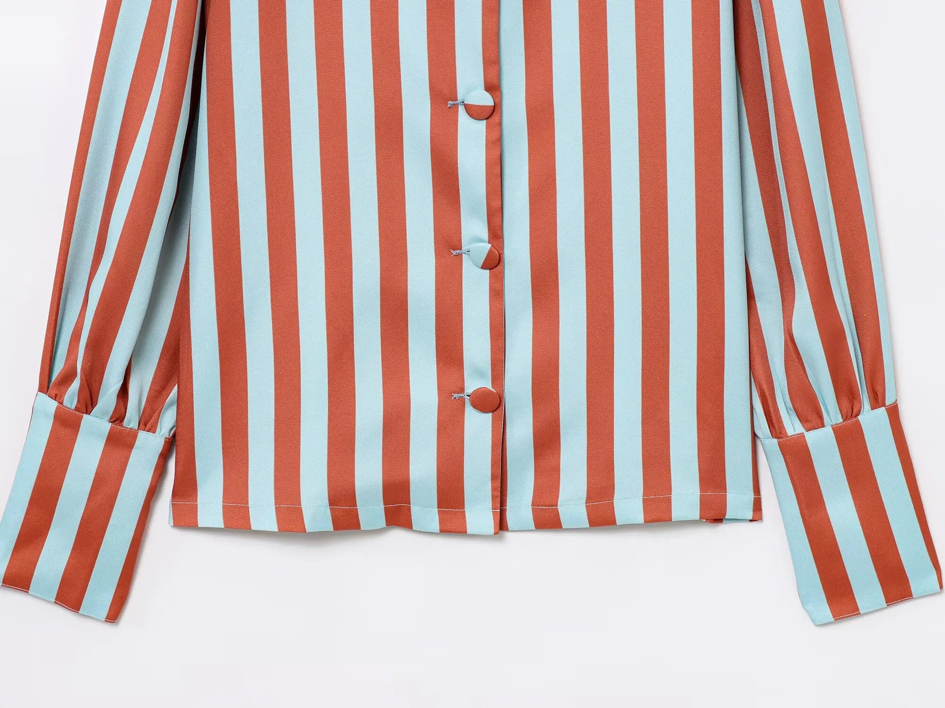 ZBZA Women's Loose Fit Striped Print Shirt O-neck Puff Sleeve Single Breasted Simple Casual Top Spring Summer Female Chic Blouse