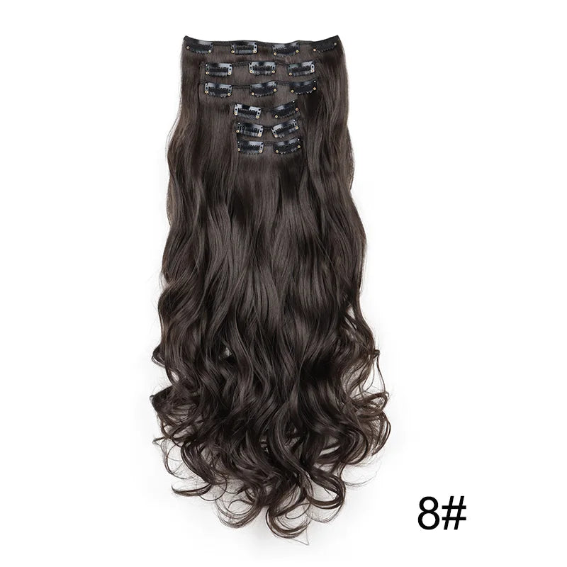16Clips Synthetic 24Inch Long Curly Hair Hairpiece Heat Resistant Hair Extension Clips In Black Brown Blonde for Women