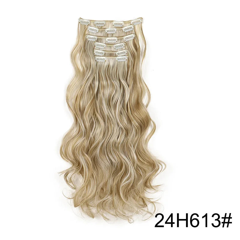 16Clips Synthetic 24Inch Long Curly Hair Hairpiece Heat Resistant Hair Extension Clips In Black Brown Blonde for Women