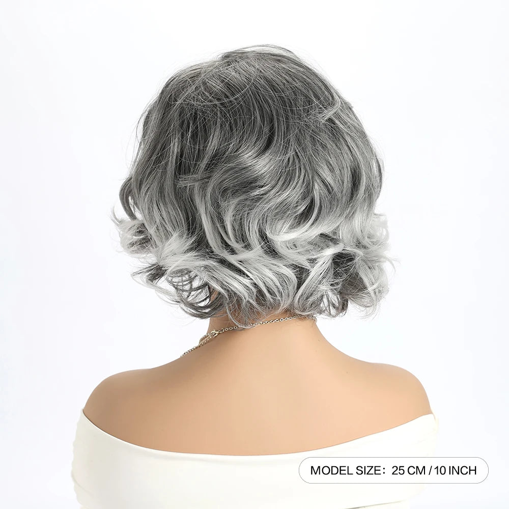 Short Natural Wigs with Bangs Soft Mommy Hair Daily Use Short  Grey Ombre Curly Synthetic Hair Costume Party Wig for Women