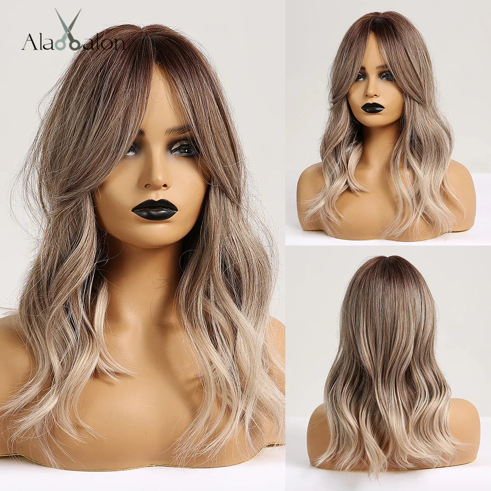 ALAN EATON Layered Synthetic Wigs with Bangs Straight Short Highlights Blonde Hair Wig with for Women Natural Daily Cosplay Wigs