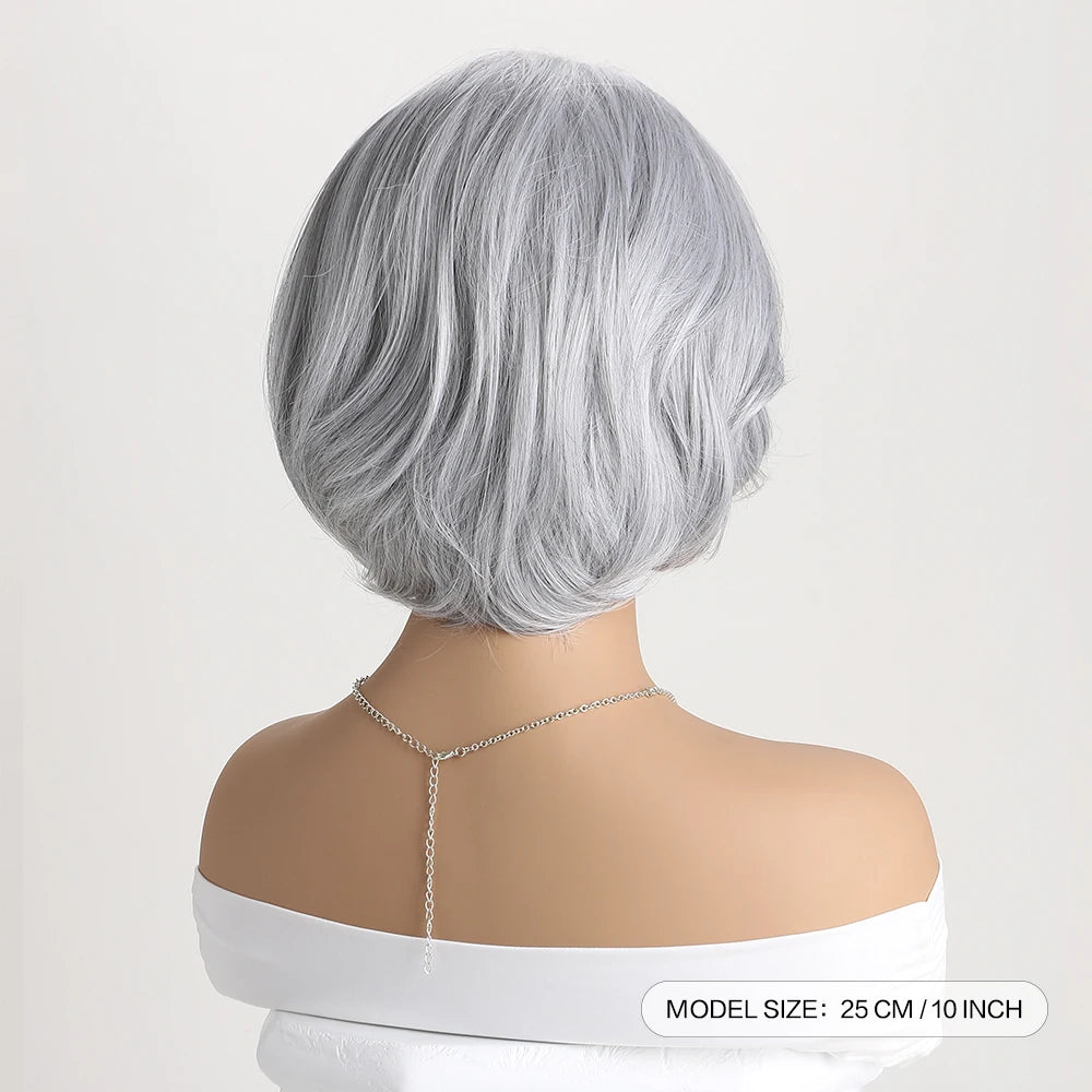 Short Natural Wigs with Bangs Soft Mommy Hair Daily Use Short  Grey Ombre Curly Synthetic Hair Costume Party Wig for Women