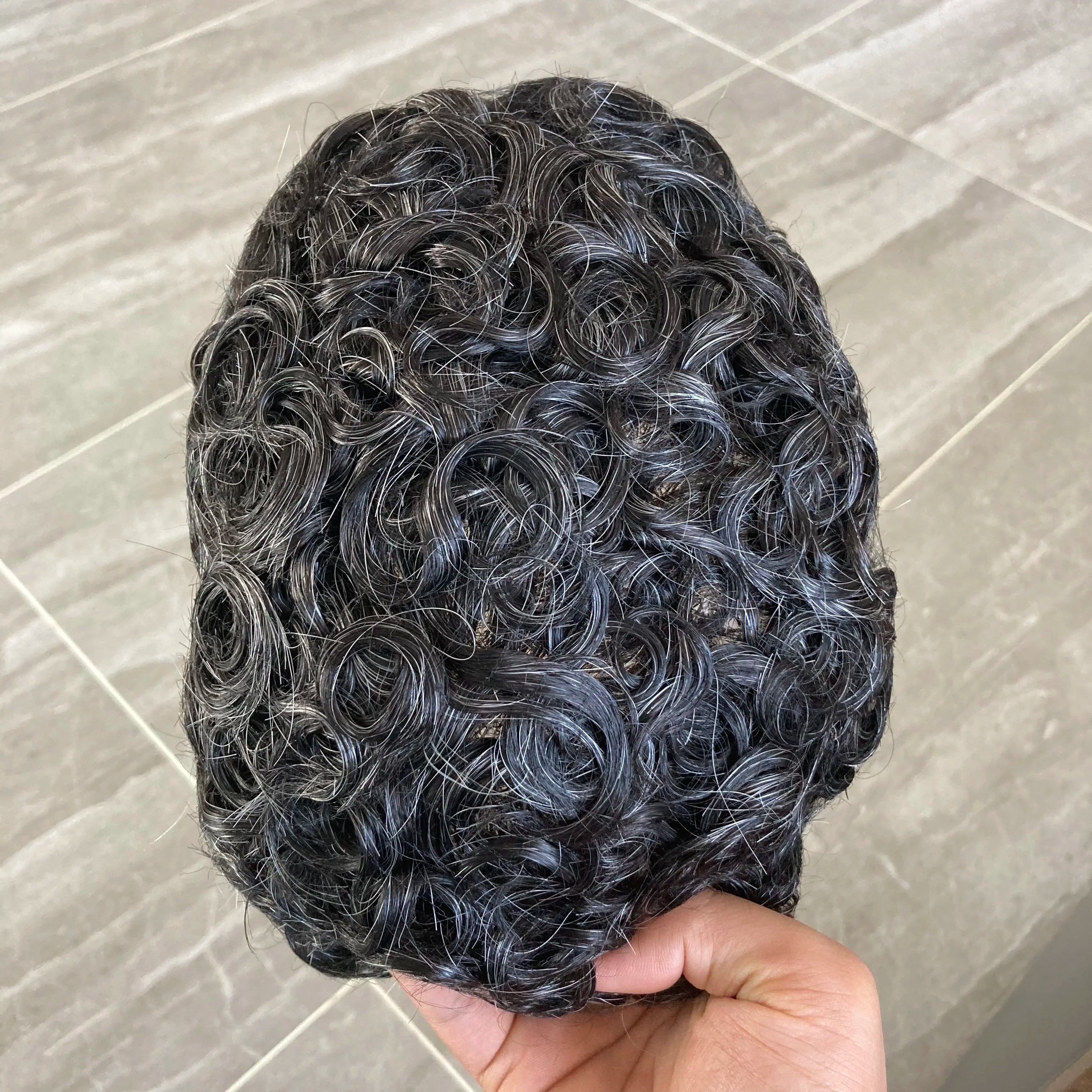 Men 26mm Natural Curly Human Hair Toupee Hair Replacement Capillary Prosthesis 100% Human Hair Durable skin Base Poly Easy Wear