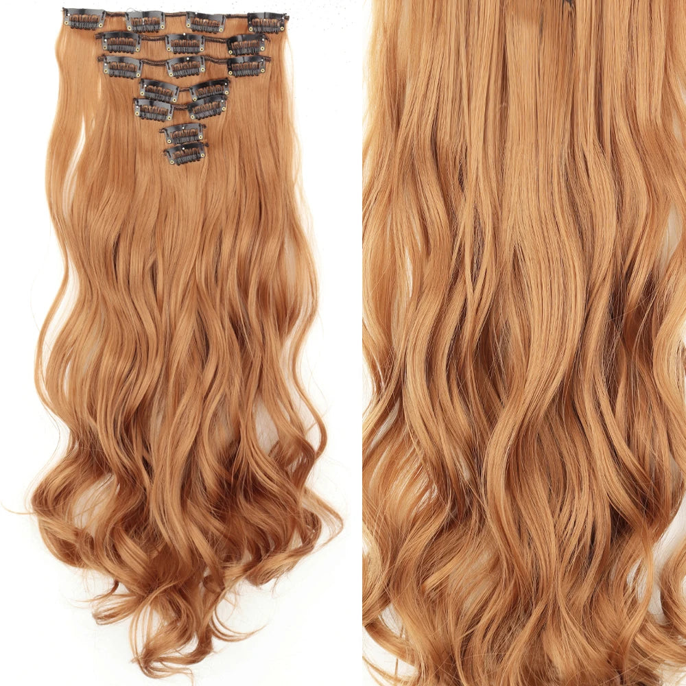 Long Straight Hairstyle 16 Clips 7Pcs/Set Hair Extensions Natural Synthetic Blonde Black Hairpieces Heat Resistant For Women