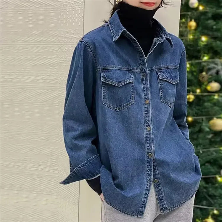 Retro Blue Shirt Denim Shirt for Women Autumn 2025 New Design Shirts Long Sleeved Solid Single Breasted Jeans Jacket for Women
