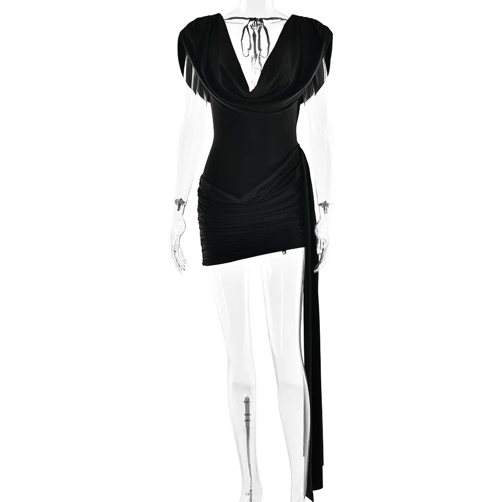 JULISSA MO Sexy Deep V-neck draped Mini dress Women White Sleeveless High Waist Ribbon Dress Summer Slim Elegant Party Clubwear