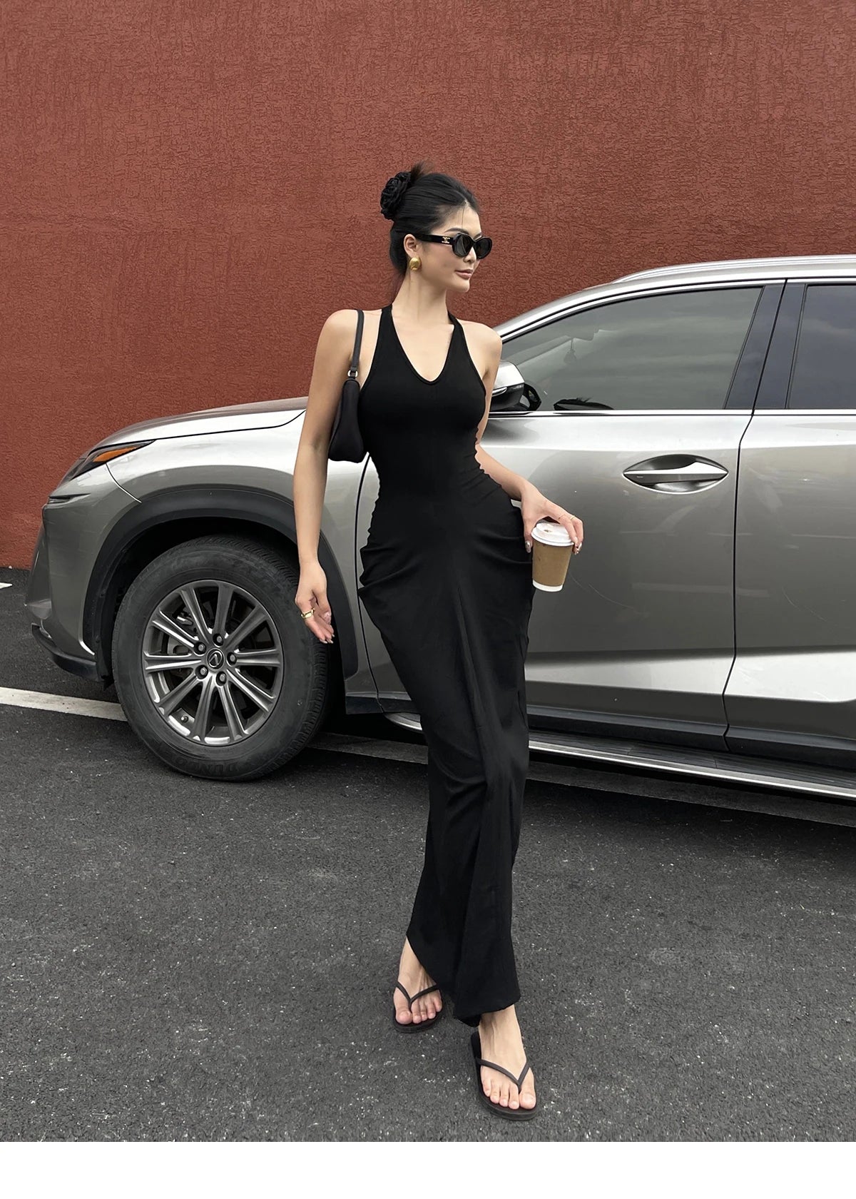 Spicy Girl V-neck Hanging Neck Sleeveless Dress Elegant Women's Summer New High Waist Slim Pleated Wrapped Hip Dresses ORPT