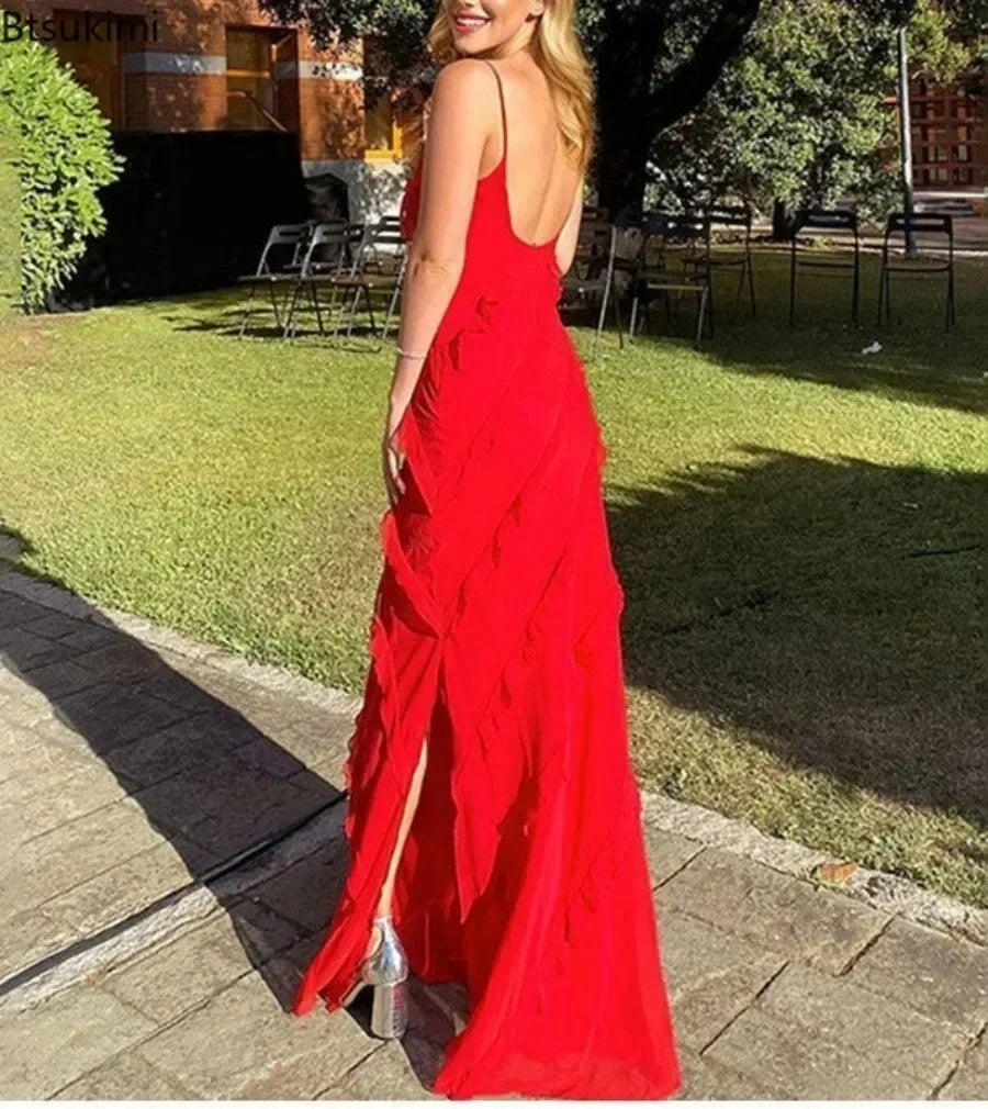 New 2025 Women's Ruffles Chiffon Maxi Dress Backlesss Split Sexy Porm Dress Red Long Summer Wedding Party Dress Elegant Vestidos