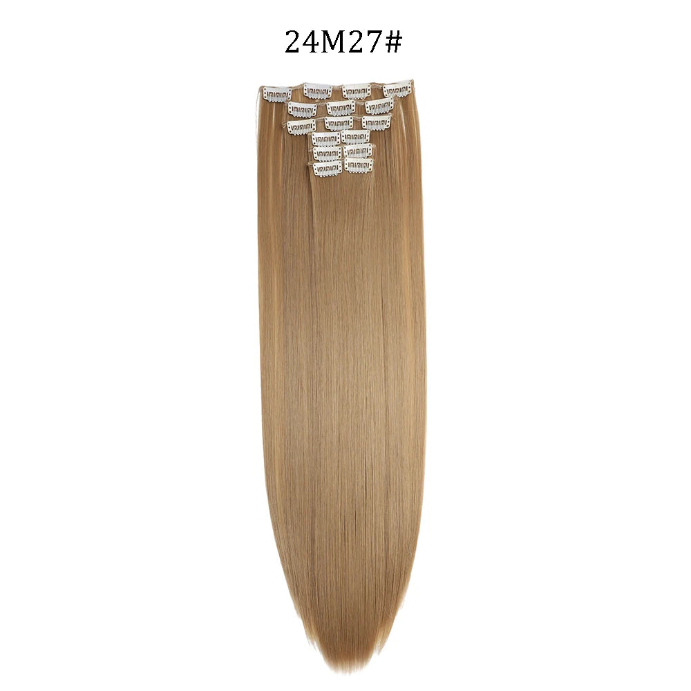 24 inches Synthetic Long Straight Hairstyle 16 Clips 6Pcs/Set Hair Extensions Blonde Black Hairpieces Heat Resistant For Women