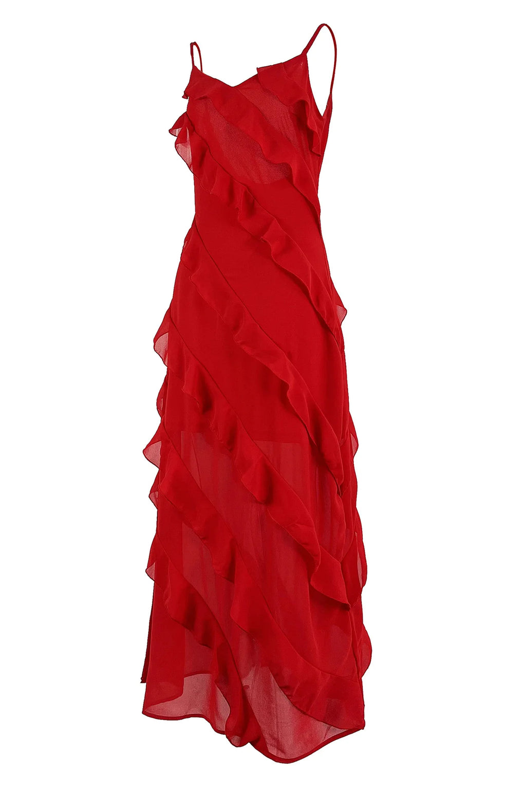 New 2025 Women's Ruffles Chiffon Maxi Dress Backlesss Split Sexy Porm Dress Red Long Summer Wedding Party Dress Elegant Vestidos