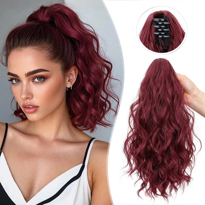 Clip-in Synthetic Hair Ponytail Extension Short Wavy Curled Clip-on Ponytail with Claw Clip Wine Red Hairpiece for Women