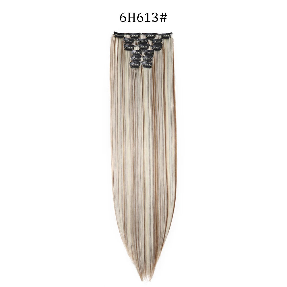 24 inches Synthetic Long Straight Hairstyle 16 Clips 6Pcs/Set Hair Extensions Blonde Black Hairpieces Heat Resistant For Women