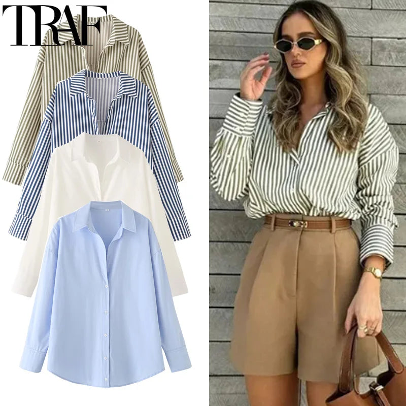 HXAO 2025 Shirts Blouses New Long Striped Shirt Women Long Sleeve Casual Shirts Large Tops Summer Plain Button Up Shirts 088