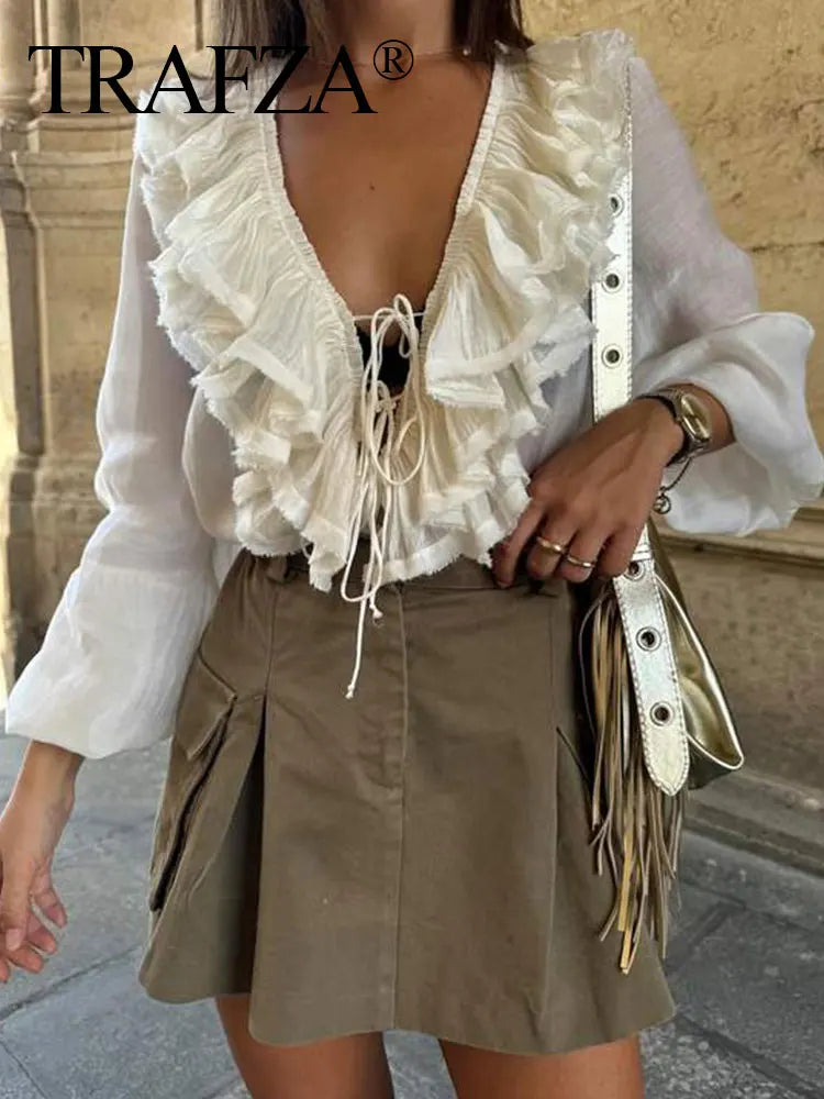 TRAFZA Elegant Women's Tierred Ruffles Blouses V-Neck Long Sleeve Loose Shirt Lady 2025 Spring Chic Lace-up Wild Woman Solid Top