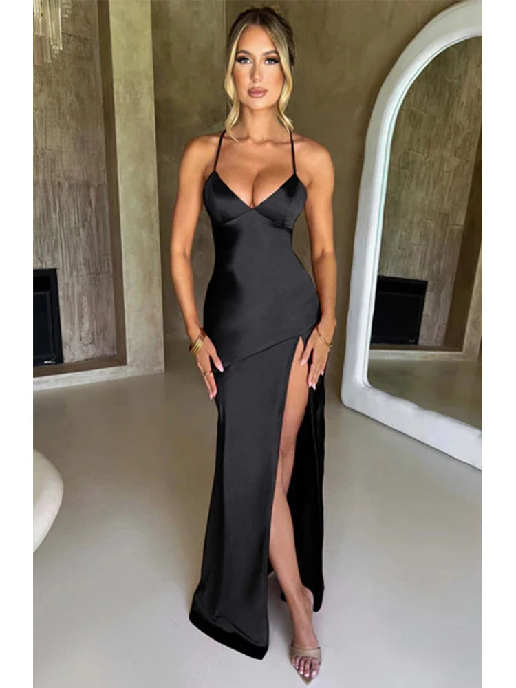 Bandage Backless Elegant Dress Split Hem Spaghetti Strap Slim Cocktail Party Club Fashion Satin Solid Lace-Up Long Dresses