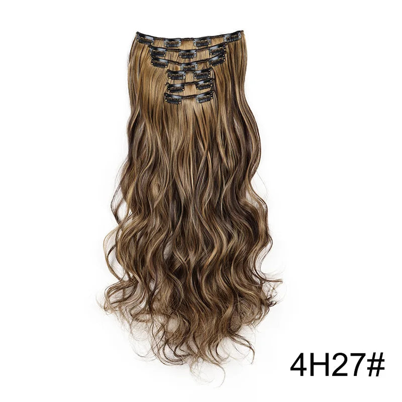 16Clips Synthetic 24Inch Long Curly Hair Hairpiece Heat Resistant Hair Extension Clips In Black Brown Blonde for Women