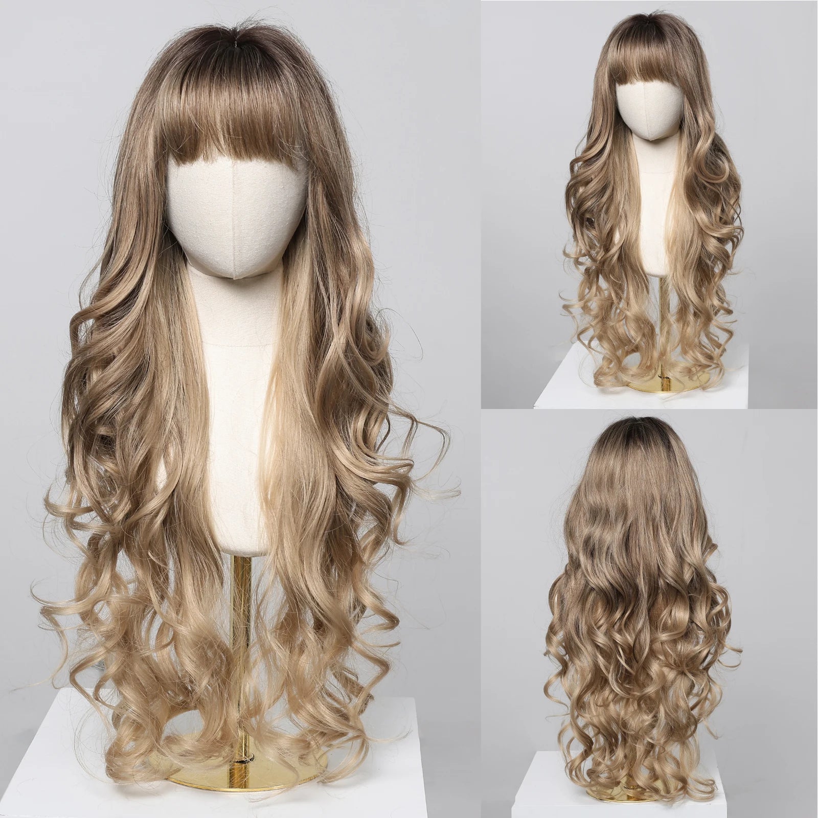 Loose Body Wave Synthetic Wigs Long Brown Blonde Ombre Wig with Bangs Wave Curl Wigs for Black Women Heat Resistant Daily Party
