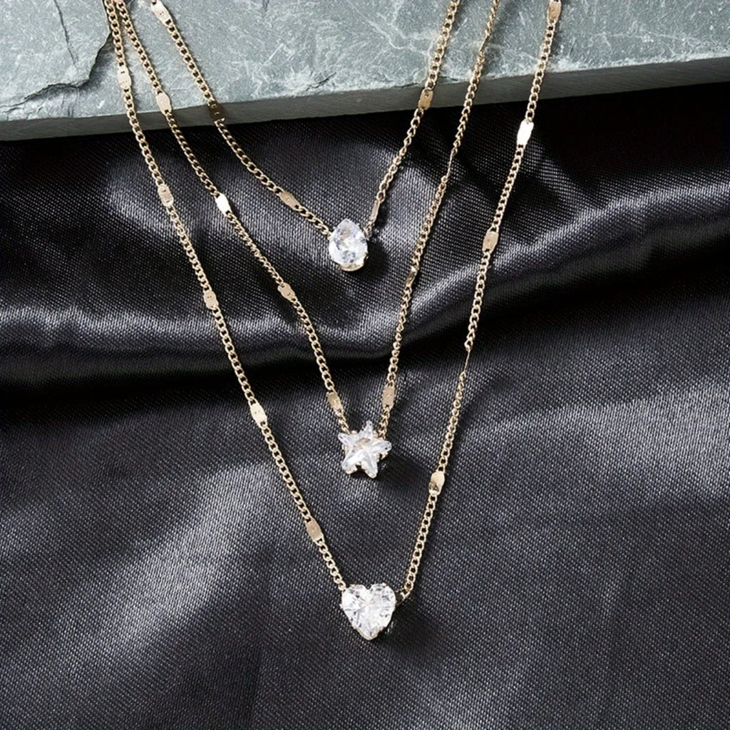 Multi-layer Five-pointed Star Heart Shape Water Drop Pendant Chain Necklace Alloy Material Glass Collarbone Chain Sexy Women's