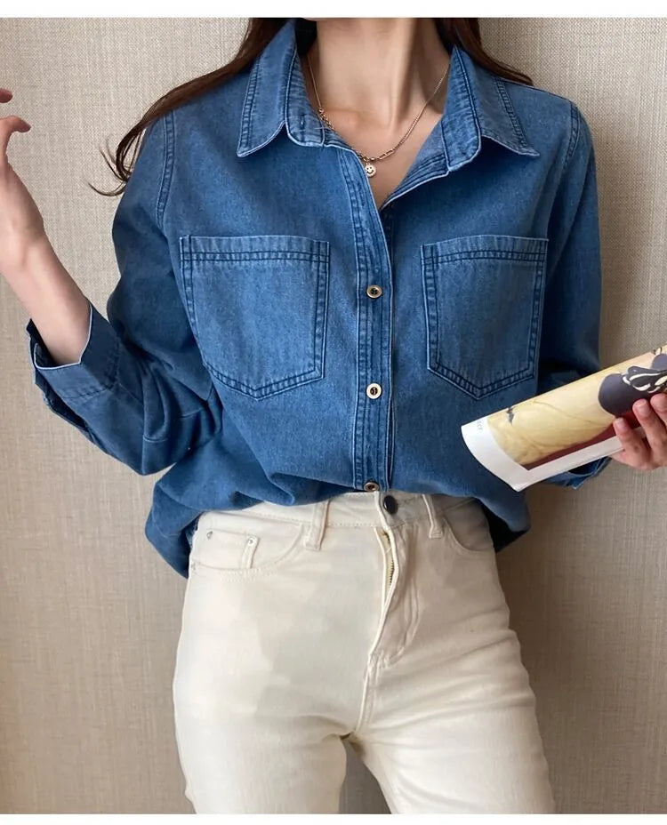 Retro Blue Shirt Denim Shirt for Women Autumn 2025 New Design Shirts Long Sleeved Solid Single Breasted Jeans Jacket for Women