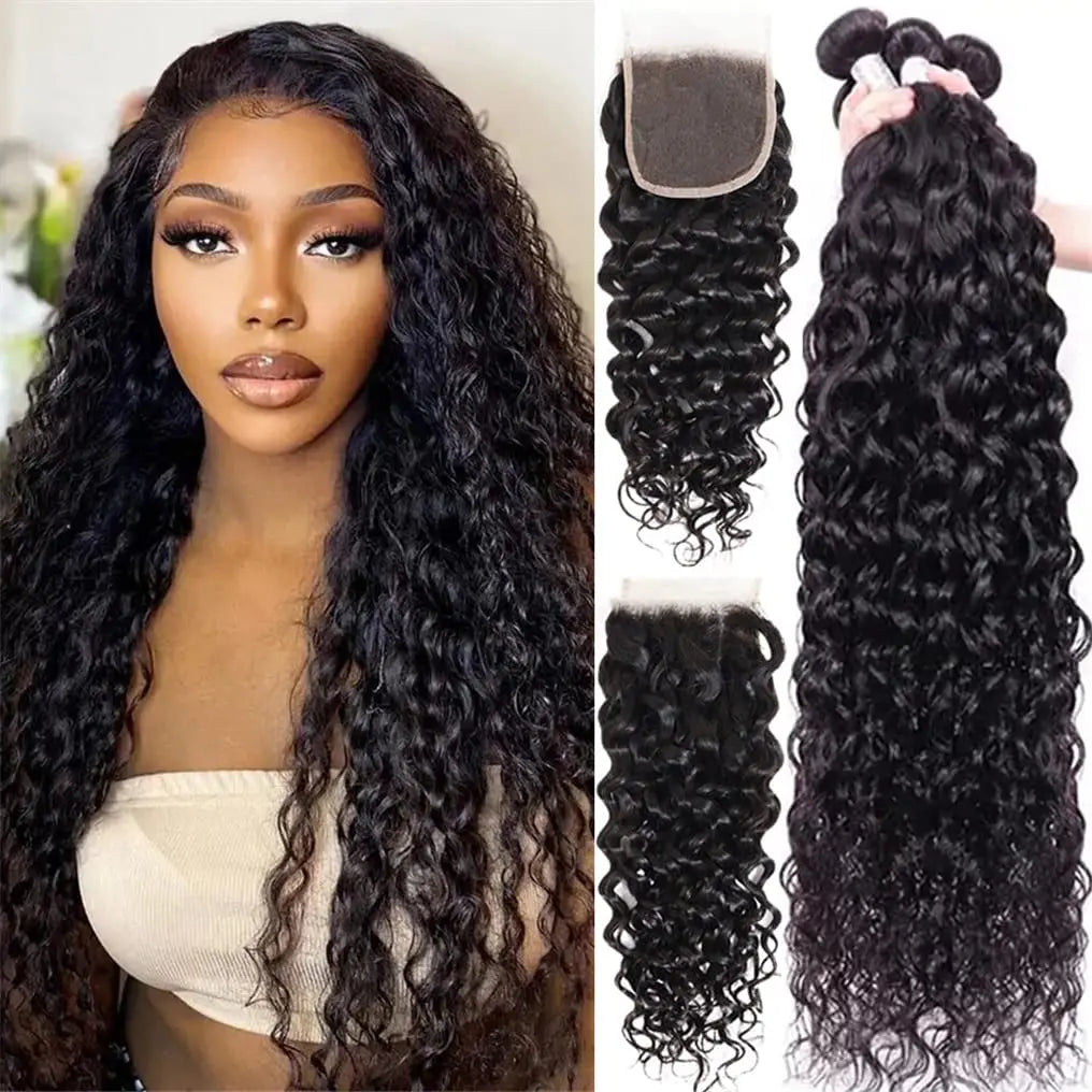 Brazilian Water Wave Hair Bundles With Closure 3Pcs 4Pcs Hair Bundle And 1pc Lace Closure Remy Human Hair Weave Natural Color 1B