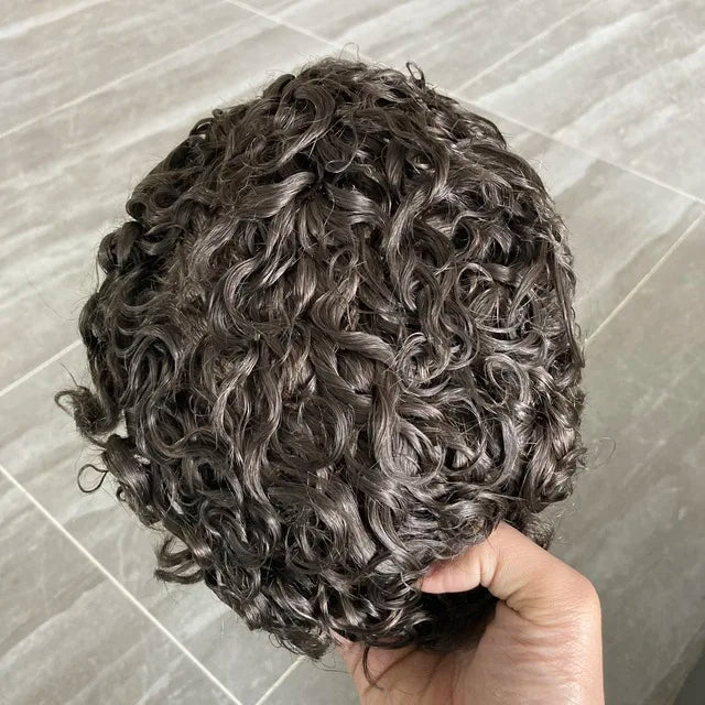 Men 26mm Natural Curly Human Hair Toupee Hair Replacement Capillary Prosthesis 100% Human Hair Durable skin Base Poly Easy Wear