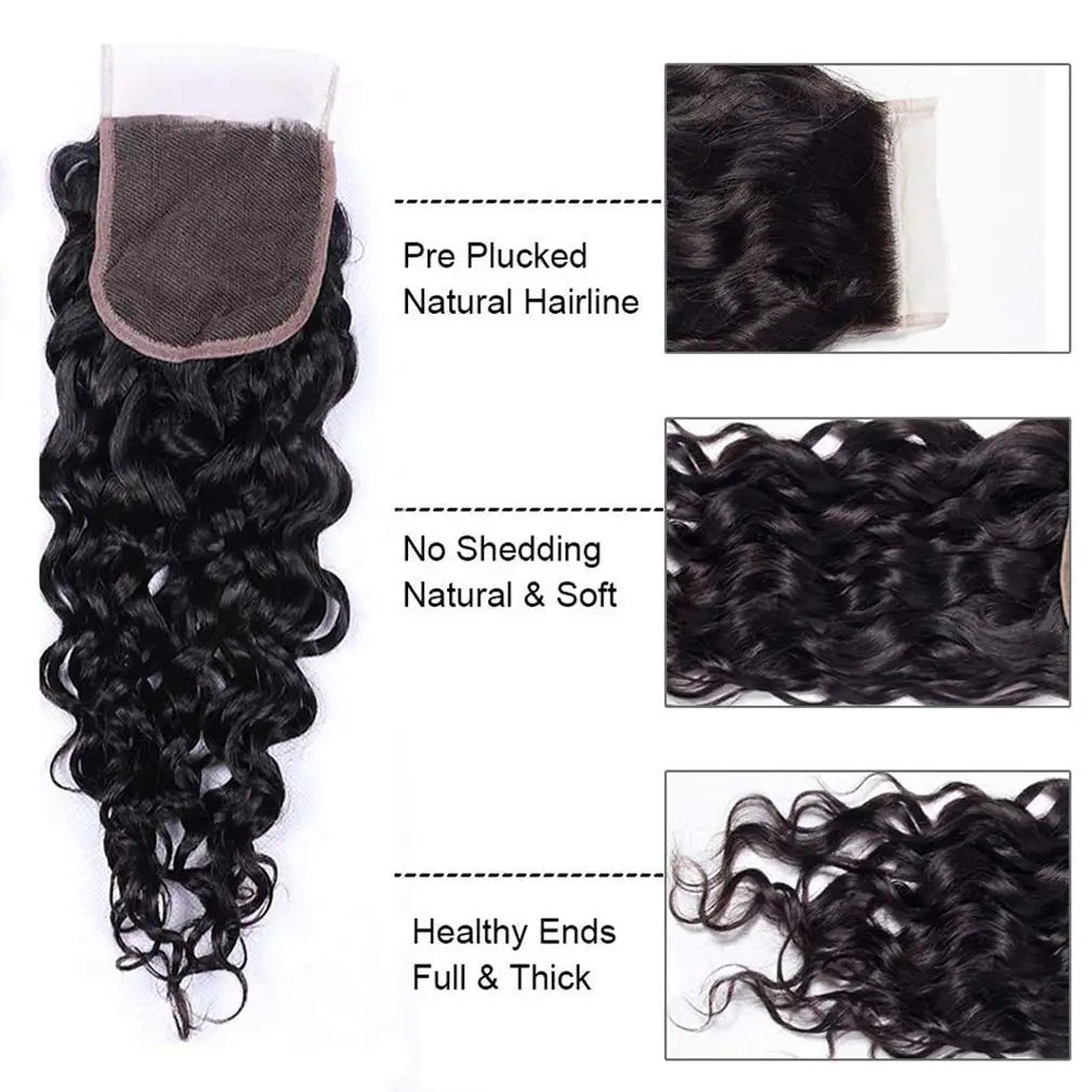 Brazilian Water Wave Hair Bundles With Closure 3Pcs 4Pcs Hair Bundle And 1pc Lace Closure Remy Human Hair Weave Natural Color 1B