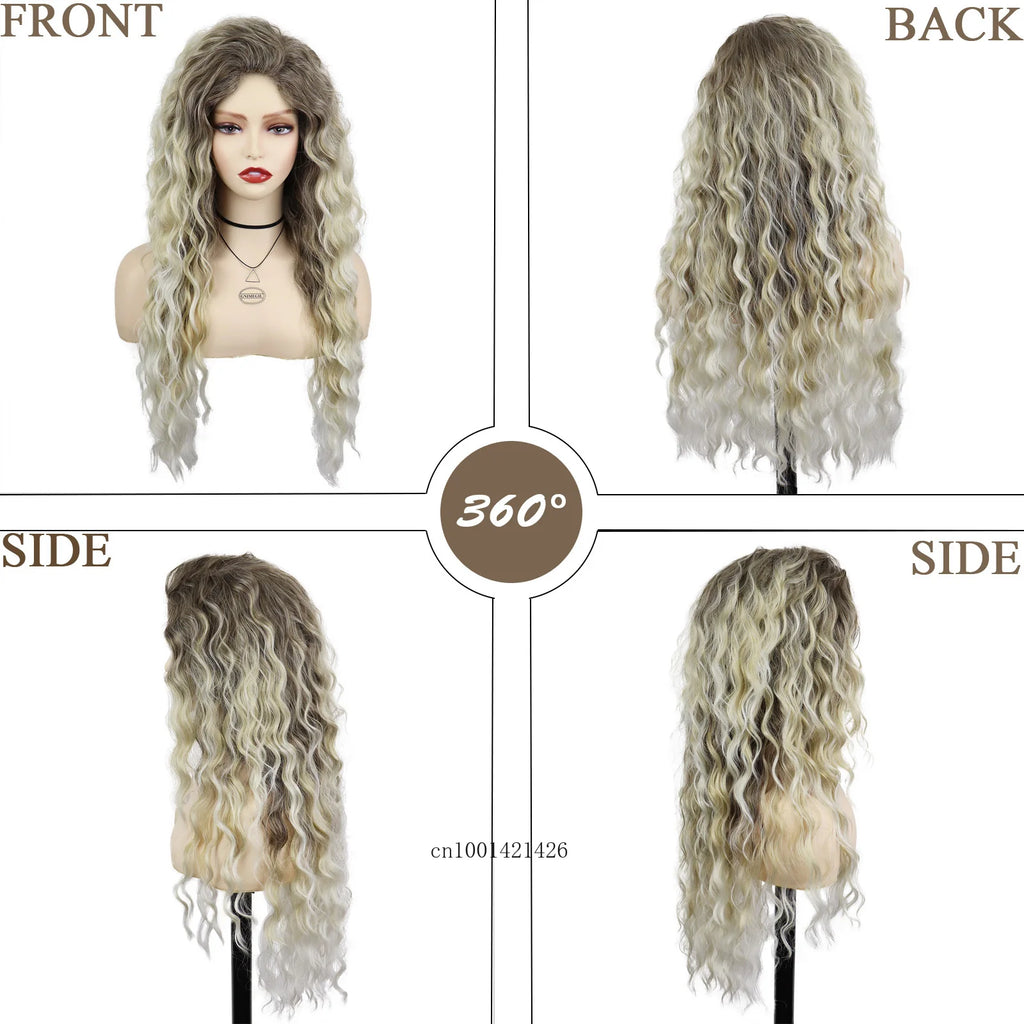 New Ash Blonde Wig Synthetic Long Curly Hair Wigs for Women Fluffy Wave Ombre Wig Costume Carnival Party Regular Cur Wig 26 Inch